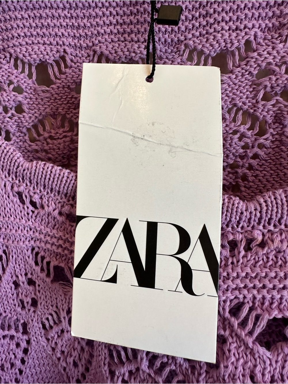 NWT Women’s M Zara Pointelle Knit Crochet Crop Sweater Purple Puff Sleeves - Picture 4 of 7